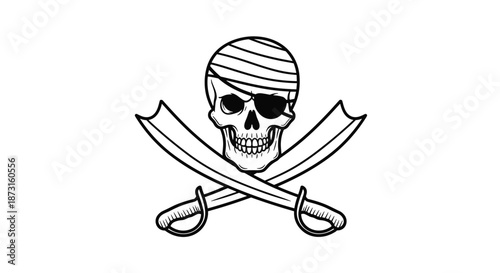 Pirate symbol with a skull wearing an eyepatch and bandana with two crossed swords in a black and white line art style.