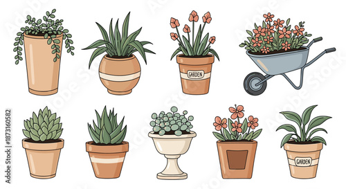A lovely collection of hand-drawn houseplants in various pots and a wheelbarrow illustrated in a cute cartoon style.