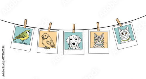 Hand-drawn illustrations of pet photos including cats dogs and birds hanging on a clothesline with wooden clothespins.