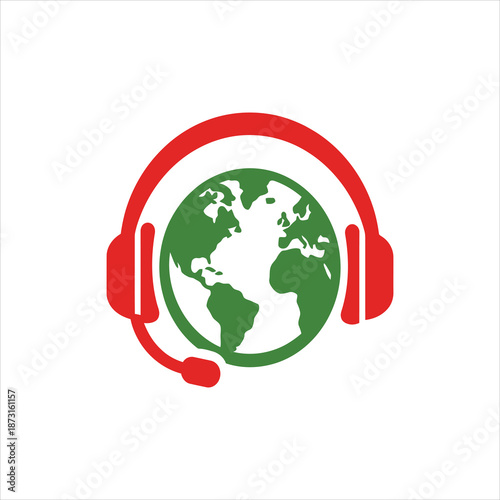 Vector of globe instead of a head together with headphones telephone headset. Symbol of support service.
