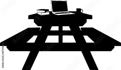picnic table black silhouette icon - of a home office picnic table, furniture vector art

