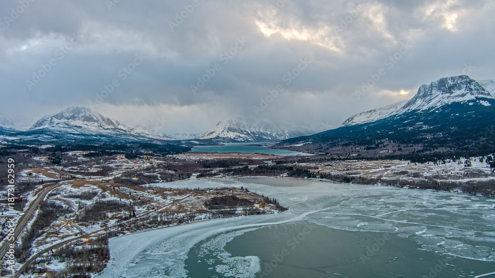 Obraz premium Aerial view of Glacier National Park and St Marys Lake in January