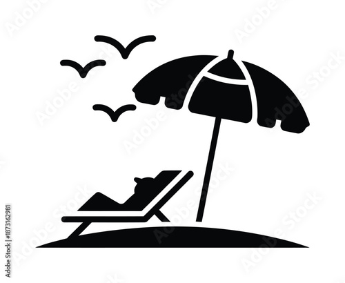 Beach vector illustration showing umbrella and deck chair under flying birds