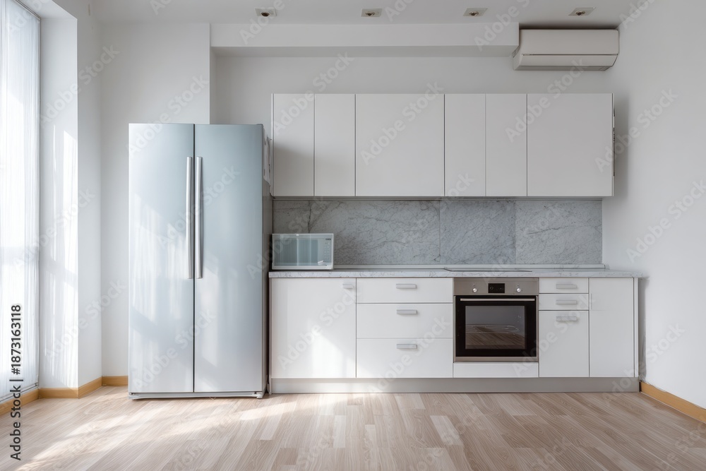 Fototapeta premium Contemporary kitchen interior showcasing light wood flooring and sleek white cabinetry