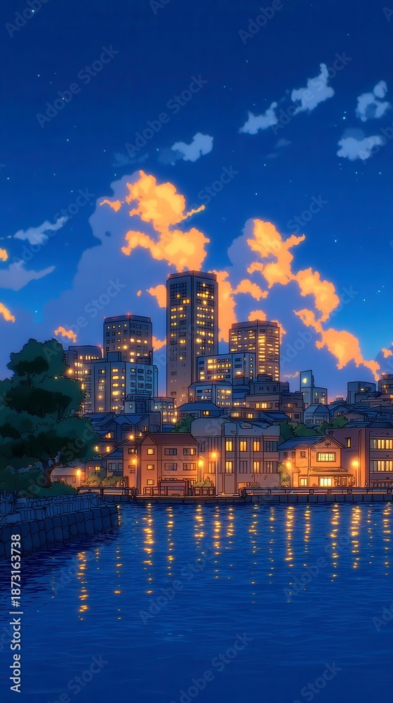 Fototapeta premium Twilight Cyberpunk Cityscape, vibrant city skyline reflecting on smooth water, infused with city pop aesthetics, capturing a nostalgic 1990s anime vibe and luminous colors.