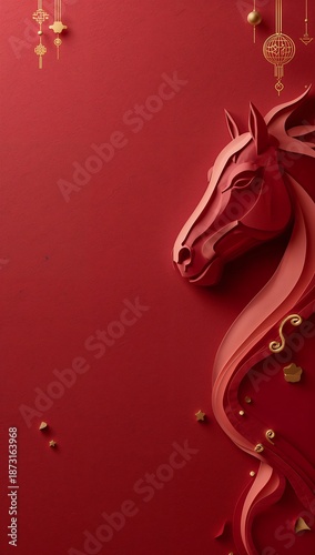 Luxury Year of the Horse background with layered paper-cut horse relief, deep ceremonial reds, subtle gold accents, soft directional lighting, modern minimal style, and large copy space for premium br