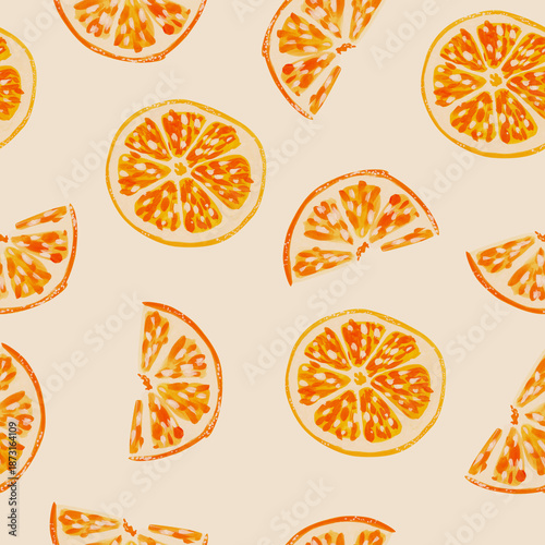 Gouache Orange Slices Seamless Pattern on Buttercream Beige Background, Hand-painted Citrus Fruit, Tangerine and Clementine Segments for Nursery Decor, Textile Design and Vintage Style Wallpaper