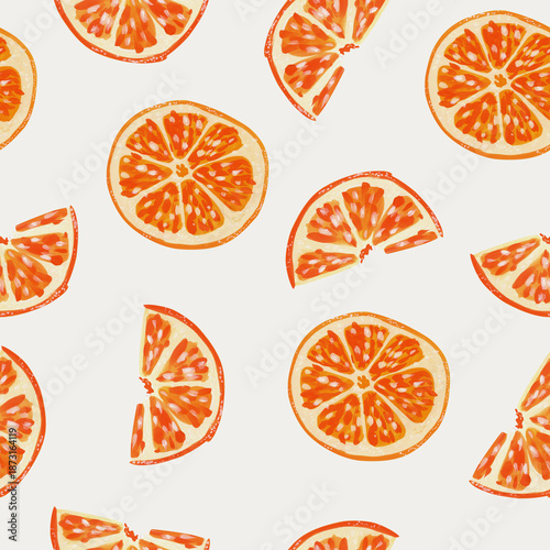 Seamless Gouache Orange Slice Pattern on Cloud Dancer White Background, Citrus Fruit Tangerine and Clementine Segments, Hand-drawn Botanical Illustration for Wrapping Paper, Fabric and Stationery