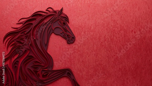 Calm powerful scene with an abstract layered horse silhouette implying motion and strength, deep garnet crimson palette, soft directional lighting, paper-cut realism, ideal for luxury branding, Lunar 