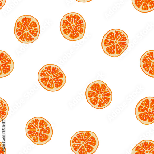 Hand-painted Gouache Orange Slices Seamless Pattern and Citrus Fruit Background with Tangerine, Clementine, Mandarin Segments for Textile, Summer Wallpaper or Wrapping Paper. Transparent Background 