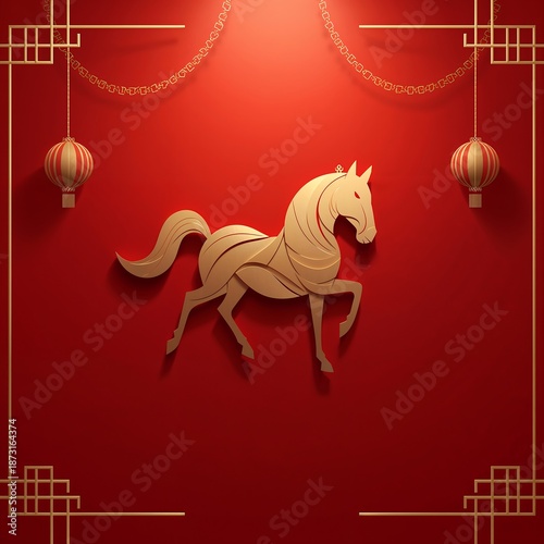 A refined Chinese New Year scene with a minimalist layered horse icon, warm red and copper tones, soft ambient glow, subtle gold geometry, modern realistic style, and generous copy space for luxury br