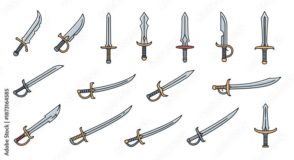 Naklejka premium A diverse collection of medieval swords and sabers illustrated in a colorful cartoon pixel art style for game design.