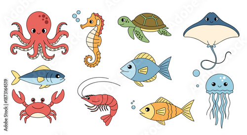 A cute and colorful collection of cartoon sea animals including an octopus fish turtle and crab for kids' designs.