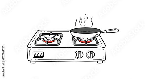A hand-drawn illustration of a portable gas stove with two burners and a steaming frying pan for cooking or camping.
