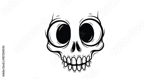 A simple and creepy cartoon skull with huge eyes illustrated in a black and white hand-drawn style for fun designs.