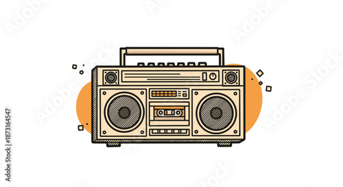 A detailed hand-drawn illustration of a retro boombox or ghetto blaster from the 80s with abstract orange circles.