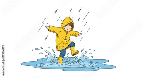 A happy child in a yellow raincoat and boots joyfully jumping and splashing in a puddle during a rainy day outside.