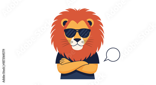 Confident cartoon lion character with a large mane wearing sunglasses and a t-shirt stands with arms crossed against a white background.