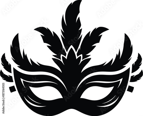 Striking black and white masquerade mask silhouette adorned with elaborate feathers perfect for celebration design