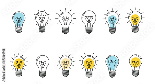 A collection of illustrated light bulb icons in different styles including lit unlit colored and line art variations for idea concepts.