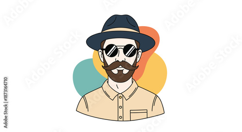 A stylish portrait of a hipster man with a beard mustache sunglasses and a fedora hat against a background of colorful shapes.