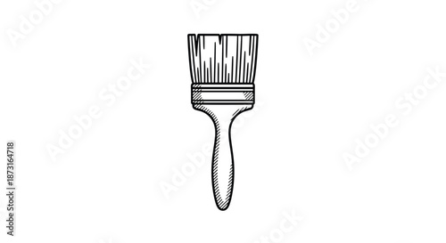 A simple yet detailed hand-drawn ink sketch of a wide paintbrush with a wooden handle in a vintage or retro artistic style.