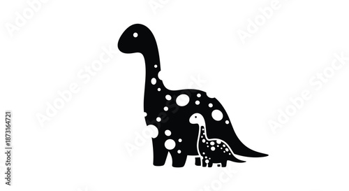 A sweet and simple black silhouette of a mother brachiosaurus with a polka dot pattern and her small baby standing beside her.