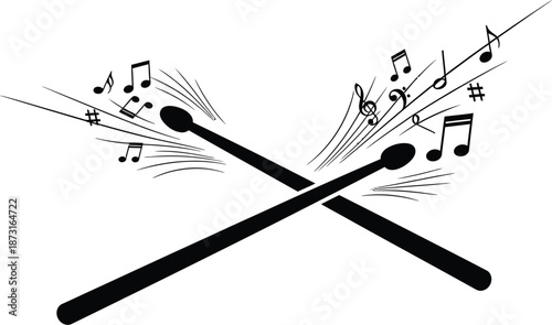 Black and white graphic design illustration features two crossed drumsticks striking with musical notes emerging outwards