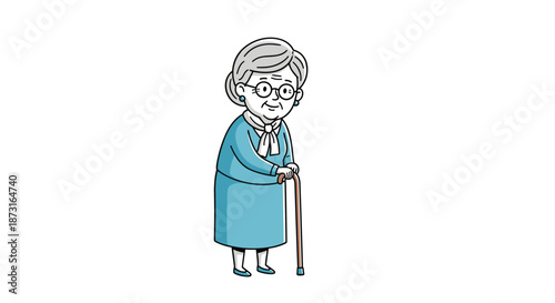 A full-body cartoon illustration of a kind-looking elderly woman with glasses and grey hair standing with the help of a walking cane.