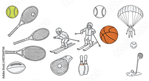 A diverse collection of hand-drawn sports equipment and athletes in a vintage sketch style including tennis skiing and basketball items.