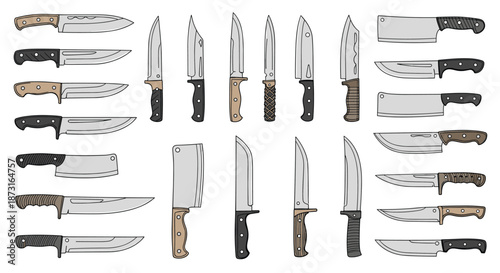 A large and diverse collection of combat and kitchen knives including cleavers and bowie knives illustrated in a colored sketch style.