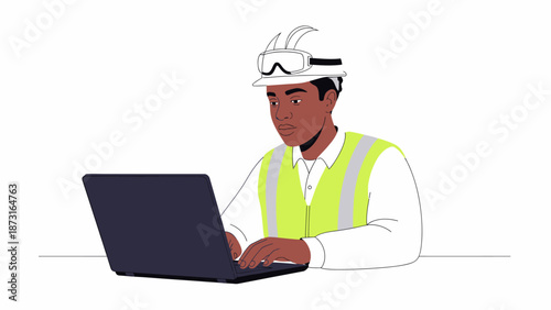 An illustration of a construction worker wearing a hard hat and safety vest, diligently working on a laptop computer.
