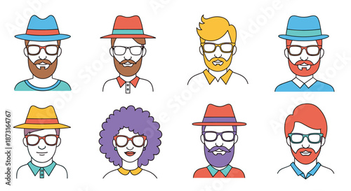 A set of eight colorful avatars depicting diverse male and female hipster characters with glasses beards and stylish hats.