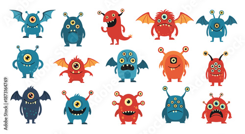 A large and colorful collection of cute and funny cartoon monsters with various features like wings multiple eyes and horns.