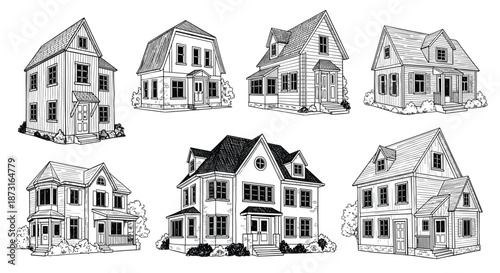 A collection of seven different residential houses and suburban homes illustrated in a detailed black and white vintage engraving style.