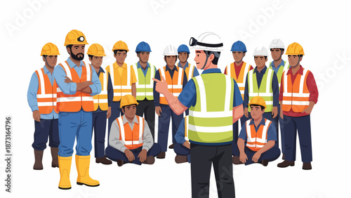 A group of diverse construction workers in hard hats and safety vests attending a briefing from their supervisor.