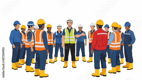 A group of diverse construction workers and a supervisor in safety gear standing in a circle on a white background.