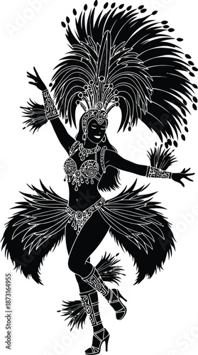 Striking black and white silhouette of a vibrant carnival samba dancer in elaborate feathered costume striking a passionate pose
