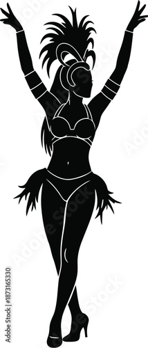 Striking black silhouette of a samba dancer in full carnival costume celebrating with arms raised high