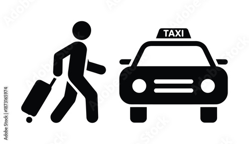 Simple vector traveler approaches taxi holding suitcase on wheels