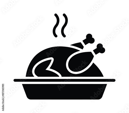 Black vector illustration of a roasted turkey in a dish steaming