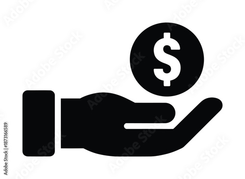 Black vector icon depicts hand holding coin with dollar sign.