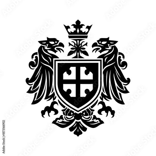 Ornate heraldic shield with crown and eagles symbolizing tradition, authority, prestige, and heritage.
