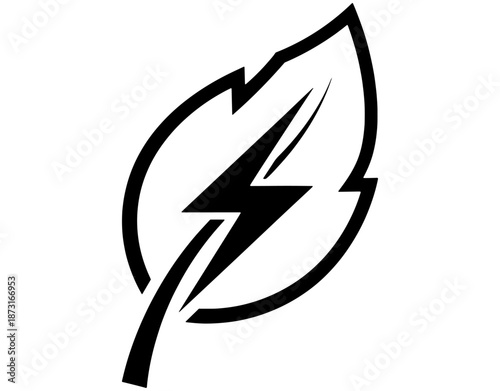 Green Energy and Eco Power Icon. Minimalist Vector Illustration of a Leaf with Lightning Bolt for Sustainable Electricity, Renewable Energy, and Environmental Technology Concept.
