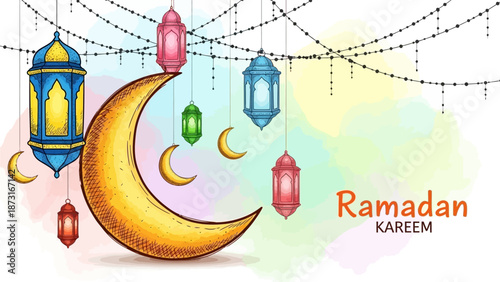 A serene Ramadan scene featuring a golden crescent moon, lanterns, and festive lights, symbolizing the holy month's spirit and cultural heritage.