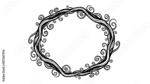 Elegant Ornate Circular Frame Vector Design with Swirling Vines, Leaves, Tendrils, Symmetrical Border, Blank Center for Text, Decorative Floral Art for Invitations and Branding