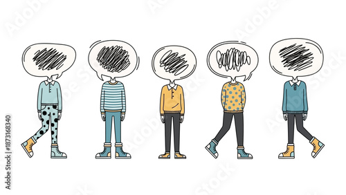 Scribbled Thought Bubble Vector Illustration – Diverse Human Figures with Confused, Stressed, Cluttered Minds for Mental Health, Emotion, Communication, and Educational Design Projects
