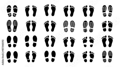 Footprint Silhouette Vector Set – Shoe Treads, Barefoot Prints, Animal Paws in Black for Tracking, Identification, Design, Education, and Creative Graphic Projects