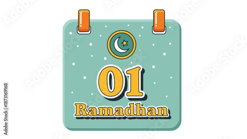 Calendar page showing first day of Ramadhan with crescent moon icon on a green background with white dots