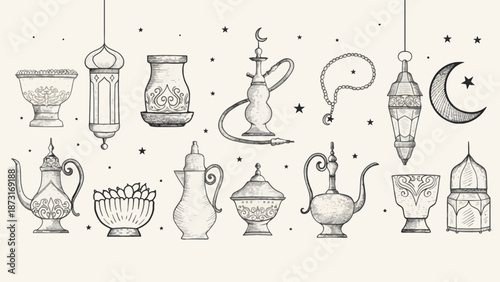 Collection of ornate lamps, jugs, and goblets in a whimsical, dreamlike setting with stars and a crescent moon.